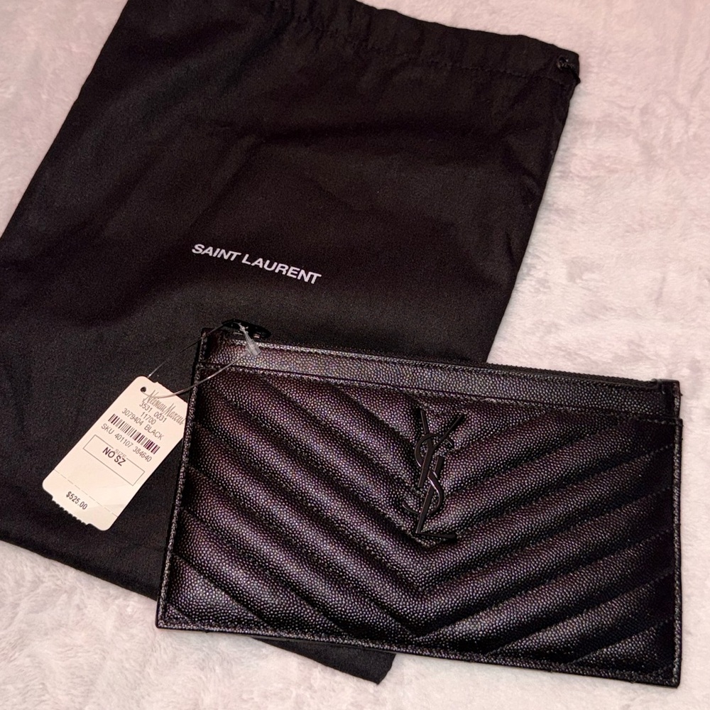 Authentic YSL Monogram Small Ziptop Bill Pouch in Grained Leather Matelassé